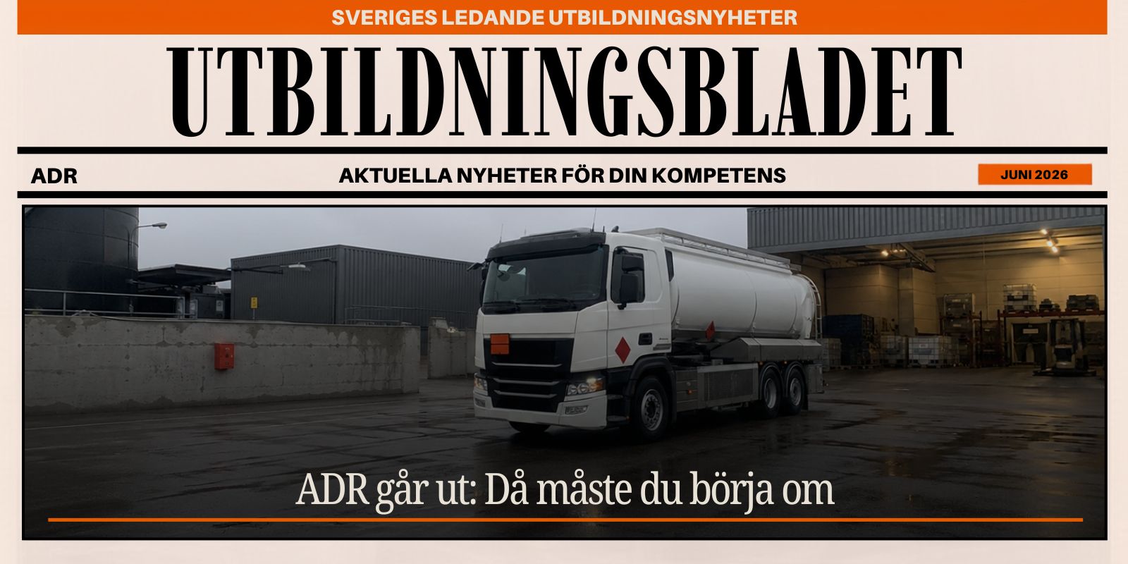 Tankbil med orange farligtgods-skyltar på industriområde, ADR-transport