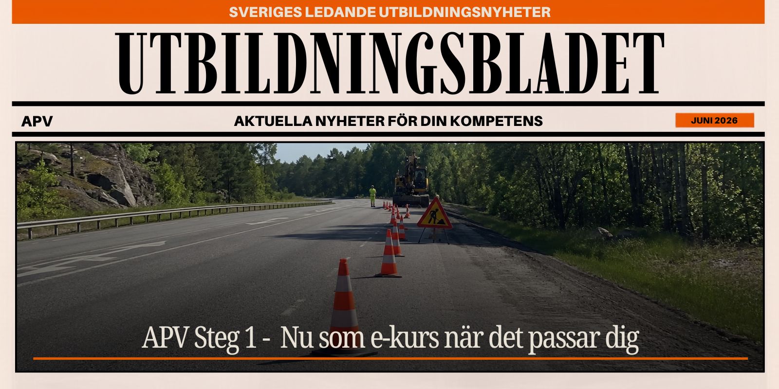 Vägarbetsplats med orange vägkäglor och varningsskylt, arbete på väg