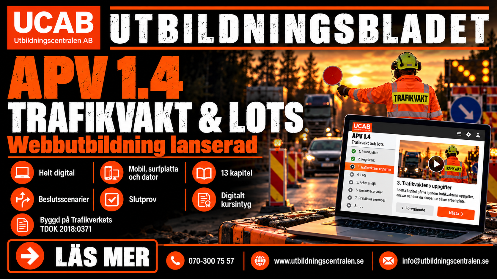 Lotsfordon leder trafik förbi ett vägarbete, APV 1.4 ny webbutbildning
